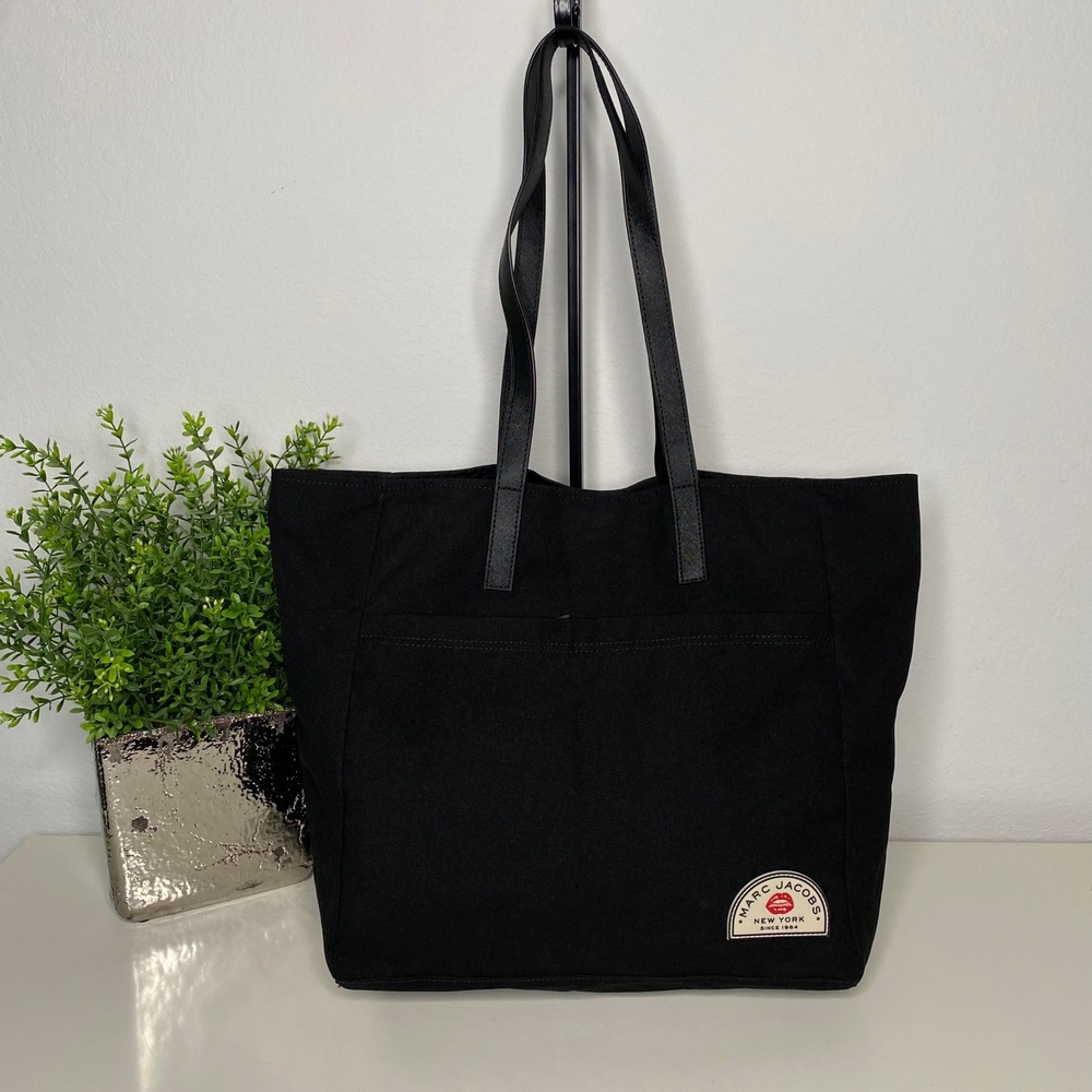 Marc Jacobs Black Canvas Shoulder Tote Bag Lip Logo Foldable